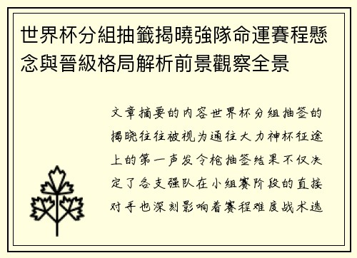 世界杯分組抽籤揭曉強隊命運賽程懸念與晉級格局解析前景觀察全景